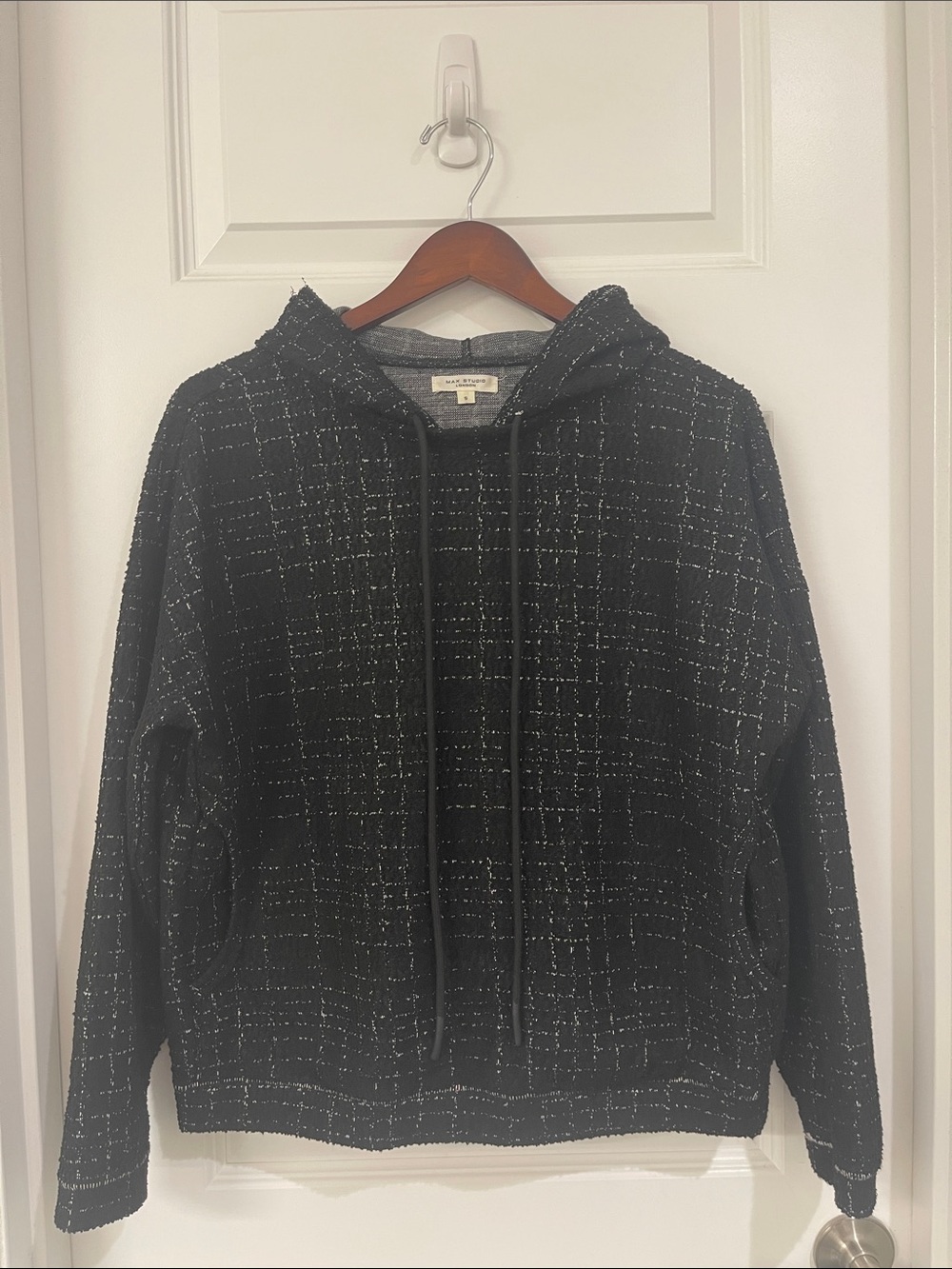 Max Studio Black Crewneck Hooded Sweater with White Grid Detail